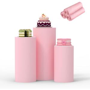 Cylinder Covers Set of 3 Multicolor Pedestal Stand Covers, Cylinder Stand Covers for Party,Round Dessert Tables Covers for Wedding Birthday Party Decor (L+XL+XXL, Pink)