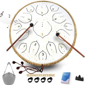 Steel Tongue Drum - 14 Inch Tongue Drum Instrument - 15 Notes Hand Pan Drums with Music Book, Handpan Drums Instrument Mallets and Carry Bag, D Major White
