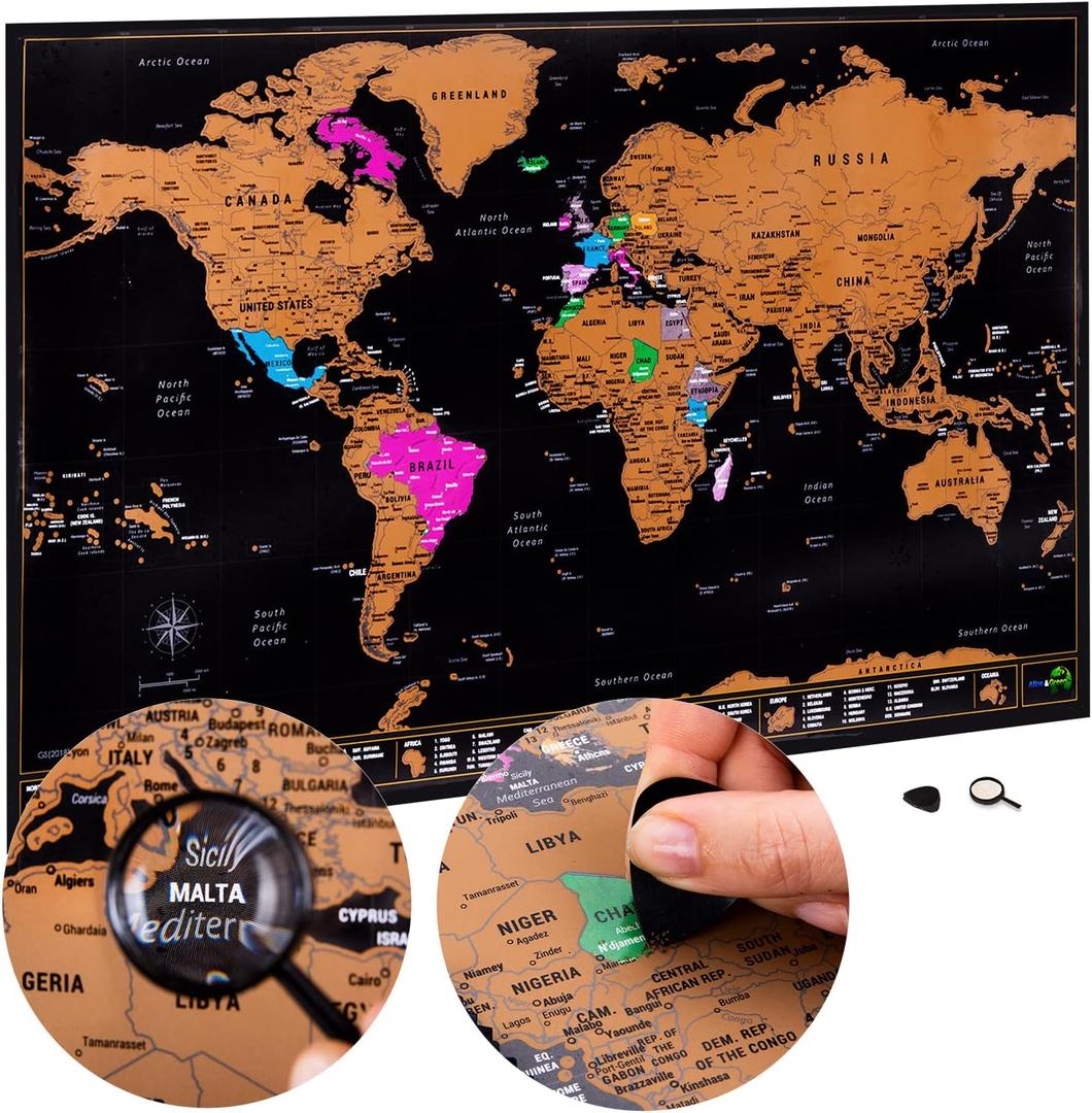 Atlas & Green Scratch Off World Map, All US States, Large 28x16.5" Travel Map. Places I've been Map World Poster Scratch Off Map. Accessories & Gift Tube (Brown)