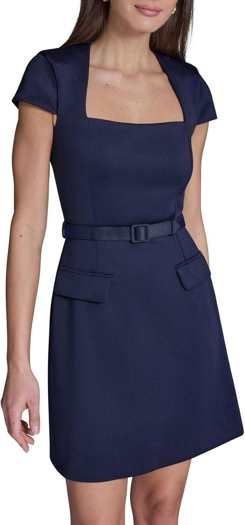 BCBG Women's Short Sleeve Square Neck Belted Short Stretch Dress (Blue, M)