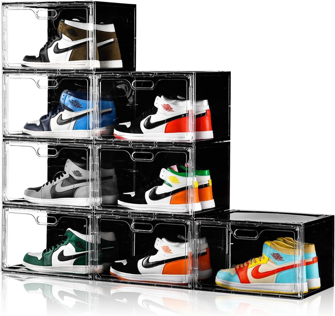 New 8 Pack Shoe Boxes Stackable, Large Shoe Storage Organizer with Lids,Drop Side Shoe Containers for Entryway,Sneaker Storage Fit up to US Size 13 for Men/Women(13x 10.6x 8.3) (Clear and Black-8-Pack)