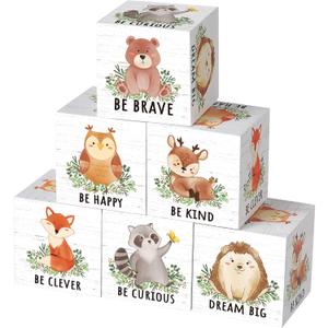 6 Pcs 1.6 Inch Inspirational Woodland Nursery Decor Animals Wall Decor Stuff Wooden Forest Animals Bear Raccoon Lion Fox Block Safari Creature Table Decoration(Woodland) (White)
