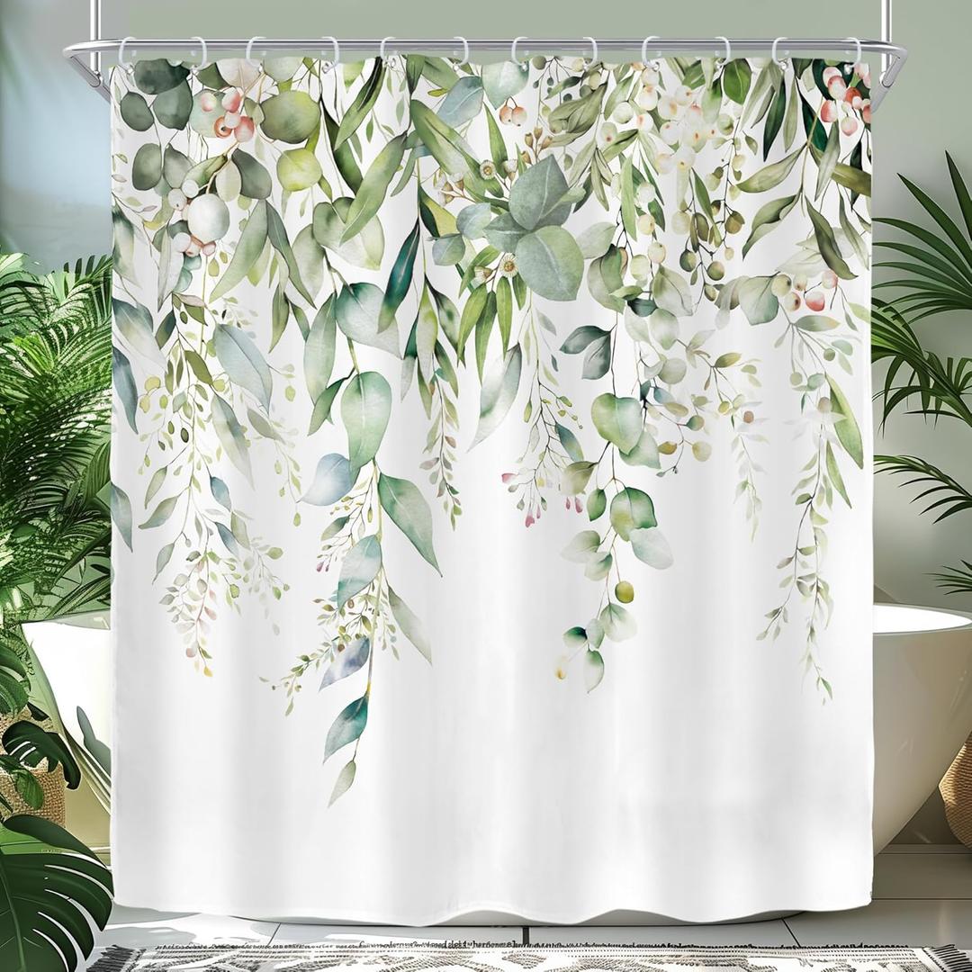 Riyidecor Sage Green Eucalyptus Shower Curtain, Fabric Cloth Bathroom Curtains, Leaves Plants Spring Floral Botanical Leaf Nature Watercolor Bath Shower Curtains Decor Set, 72x72 Inch