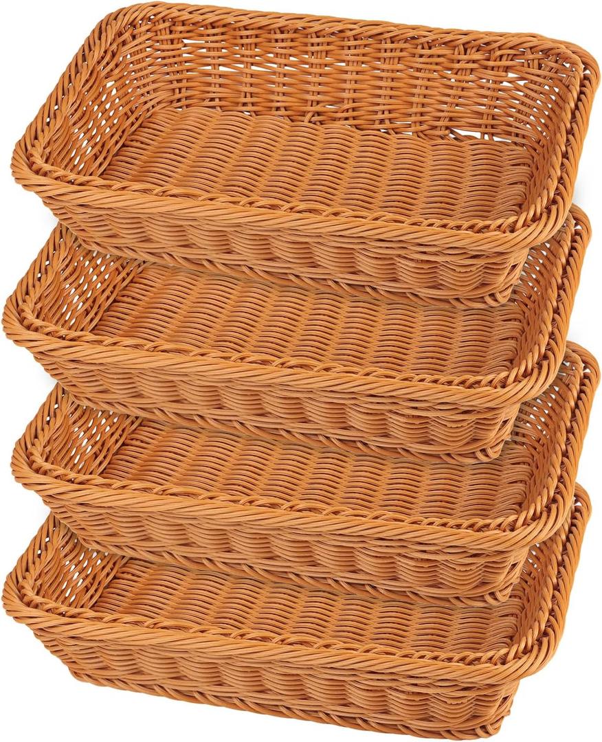 4 PCS 12 Inch Wicker Bread Basket, Woven Serving Basket, Tabletop Food Serving Basket for Restaurant, Bakery, Family Party, Hotel Serving, Fruits, Vegetables and Snacks, Brown, by GNIEMCKIN