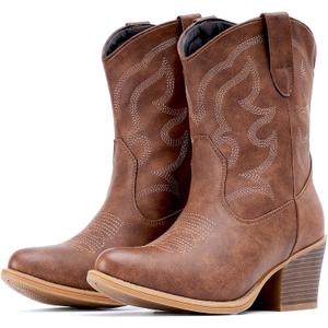 IXU Cowboy Boots for Women Wide Suede Ankle Western Cowgirl Boots Mid Calf Pointed Toe Short Chunky Classic Booties (Brown, M)