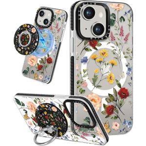 for iPhone 14 Plus Case for Women - Girls Kawaii Design Compatible with Magsafe Magnetic Ring Holder Stand Retro Flower Phone Covers Aesthetic Girly TPU Funda for 14 Plus