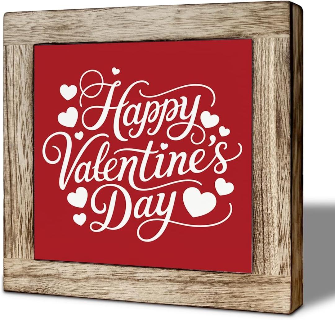 Valentine's Day Wooden Box Sign, Happy Valentine's Day Heart Accents Tabletop Decor, Love Desk Plaque for Bedroom Living Room Office, Valentine Home Decor 5.9x5.9 Inches