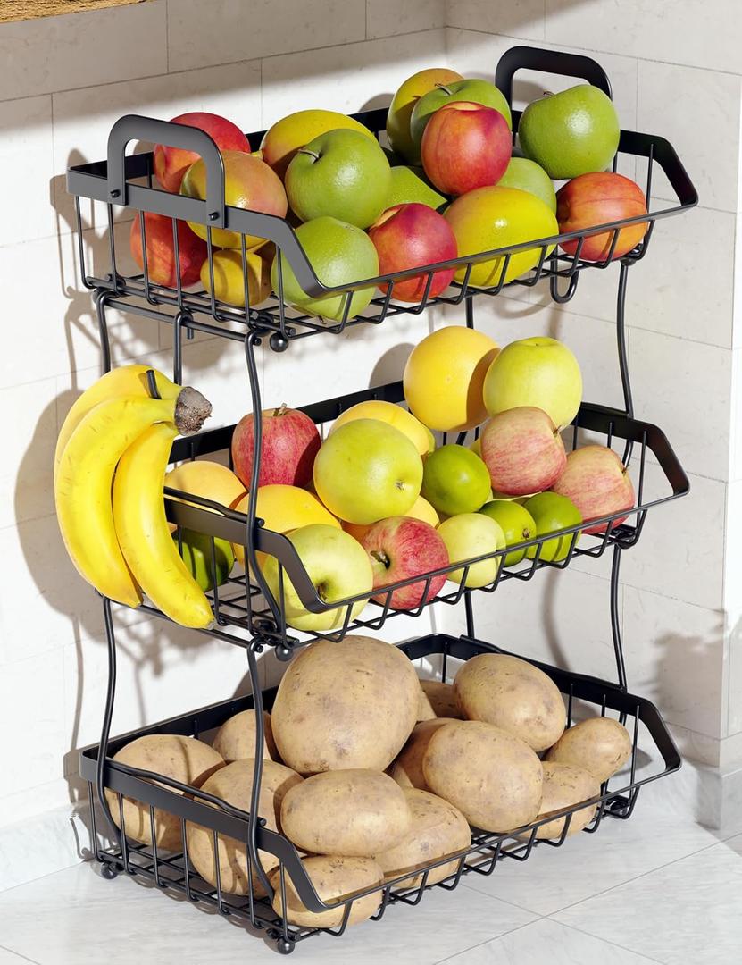 3-Tier Fruit Basket for Kitchen Counter with 2 Banana Hangers, Countertop Organizer Fruit Bowls, Fruit Storage Basket Stand with Handle for Storage Potato Onion Bread Snack Fruit Veggie
