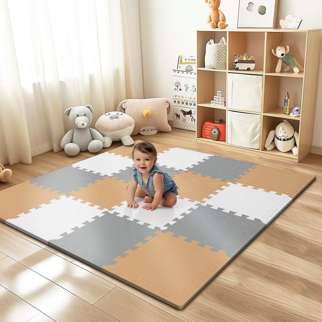 16 Tiles Baby Play Mat for Floor, EVA Foam Baby Floor Play Mat with 0.6 Inch Thick Interlocking Foam Tiles, Foam Floor Tiles for Baby, Toddlers and Kids (White-Brown-Grey, 16PCS)
