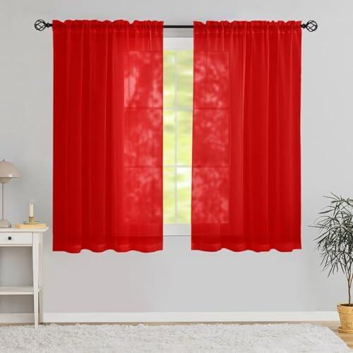 Karseteli Semi Voile Sheer Curtains 54 Inches Long 2 Panels Rod Pocket Window Treatment for Living Room Bedroom Dining Room(Red 52" W x 54" L)