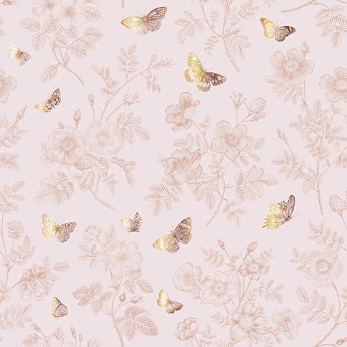 VEELIKE Soft Pink Floral Wallpaper Peel and Stick Butterflies and Flowers Wallpaper for Girls Bedroom Nursery 17.7''x118'' Self Adhesive Wildflowers Wall Paper Pink Contact Paper for Cabinets Drawers