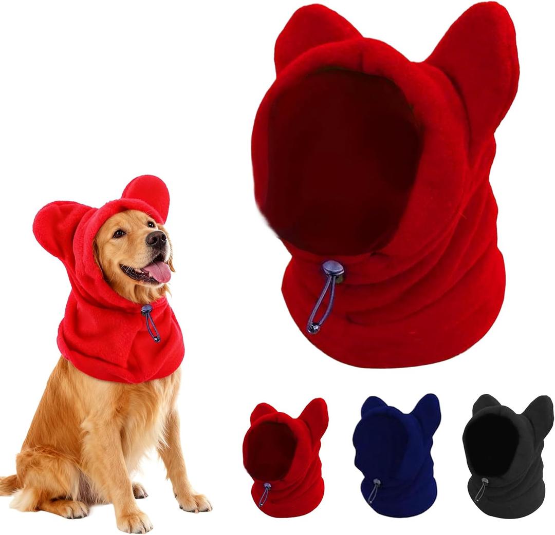 Dog Snood Winter Hood with Ear Protection, Fleece Neck Warmer for Dogs, (Red, Medium)