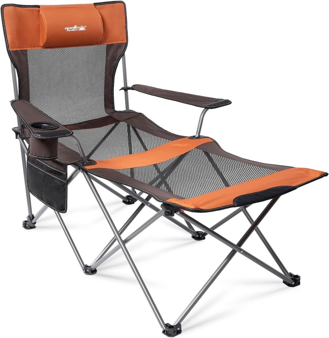 Apollo walker Reclining Beach Chair, Adjustable 90-135 Backrest Camping Lounge Chairs for Adults, Folding Chair with Foot Rest & Detachable Pillow - Standard 6-Leg, Orange