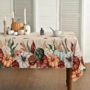 Horaldaily Fall Tablecloth 6060 Inch Square, Flower Autumn Harvest Pumpkin Washable Seasonal Table Cover for Party Picnic Dinner Decor (Beige)