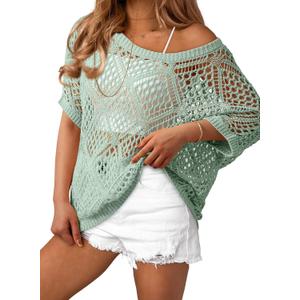 Dokotoo Women's Crochet Cover Up Tops Summer Short Sleeve Off Shoulder Sweater Shirts Beach Swimsuit Coverup, Mint, Medium