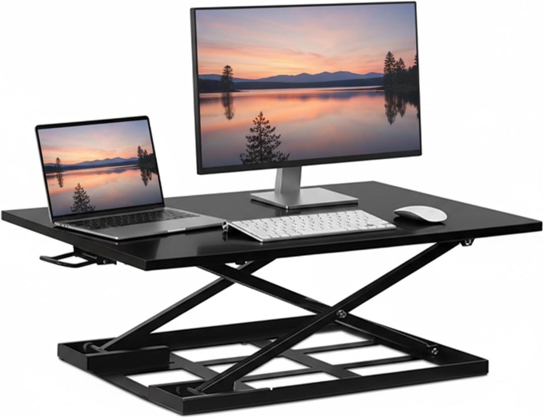 Mount-It! Standing Desk Converter  Sit Stand Desk Riser with Gas Spring Lift, Slim 2.5" Low Profile, Height Adjustable Desktop Workstation, Preassembled Sit-Stand Solution for Home & Office (Black)
