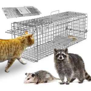 Live Animal Cage Trap, Collapsible Humane Live Animal Cage Trap, Galvanized Steel Humane Live Trap Cage for Rabbit,Stray Cat, Groundhog, Raccoon, Squirrel, Chipmunk, Mole, Gopher, Skunk, 24"x7.3"x8"