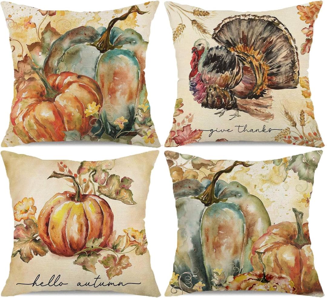 Fall Pumpkin Pillow Covers 20x20 Inch Set of 4 Watercolor Pumpkin Turkey Autumn Harvest Decorative Throw Pillow Cases Autumn Thanksgiving Quotes Holiday Outdoor Cushion Covers for Sofa