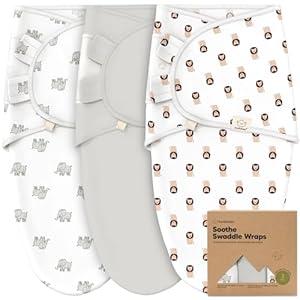 3-Pack Organic Baby Swaddle Sleep Sacks - Swaddles for Newborns, Infant 3-6 Months, Baby Girls, Boys, Soft & Snug Newborn Sleep Sack, Nursery Swaddling Blankets, Velcro Closure (The Wild 2, L)