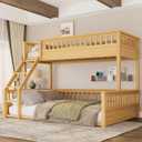 KEIKI Twin XL Over Queen Bunk Bed, Kids Wooden Floor Bed Frame with Ladder & Guardrail, Convertible to 2 Separated Teens Beds Frames, Upper Bedframe No Spring Box Needed, Easy Assembly, Brown
