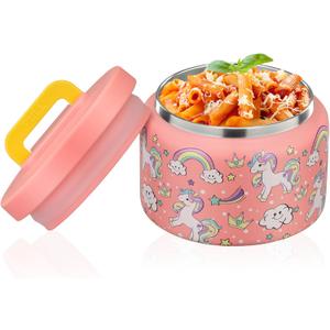 PIQUEBAR 8oz Kids Thermo for Hot Food,Small Lunch Thermos Food Container Stainless Steel,Easy Open Wide Mouth Thermo for Hot Cold Food for Preschool Travel (Pink Unicorns)