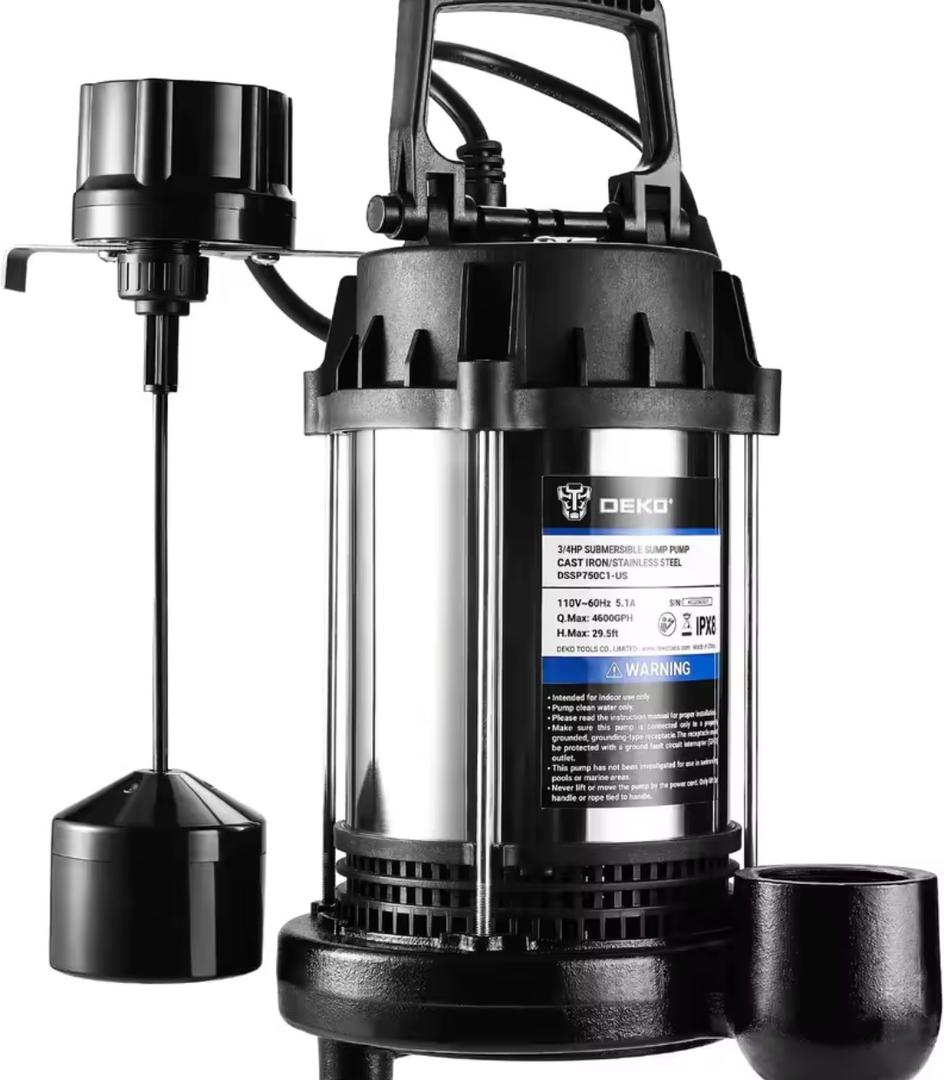 DEKO 3/4HP 4600GPH Sump Pump, Submersible Cast Iron and Stainless Steel Sump Pump with Integrated Vertical Float Switch