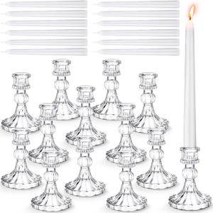 Suclain 24 Pcs Glass Taper Candle Holder Sets 12 Candlestick Holder with 12 White Long Candles for Wedding Party Decor Dinner Decoration(Clear)