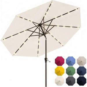 10FT Solar Patio Umbrella with Lights, Outdoor Table Market Umbrella with 32 LED Lights, 8 Sturdy Ribs, Push Button Tilt and Crank for Pool, Deck and Garden, UV-Resistant