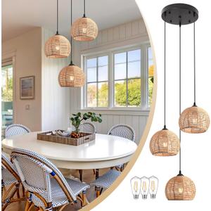 3-Light Mini Hemp Rope Woven Pendant Light Kitchen Island,3 Dome Hand Woven Boho Rattan Chandelier Farmhouse Wicker Ceiling Light,rustic Light Fixture For Living Room Hallway Dining Room(Bulb Incl.)