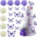 17pcs Butterfly Cake Toppers 3D Romantic Butterfly Cupcake Decorations with Purple White Rose Flowers for Wedding Birthday Anniversary Party Baby Shower