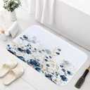 Sanzugh Navy Blue and Gold Flower Bath Mat Rug for Bathroom, Boho Watercolor Floral Leaves Cute Bathroom Floor Rugs Mats Non Slip Kitchen Indoor Decor Decoration Accessories 17X29 Inches