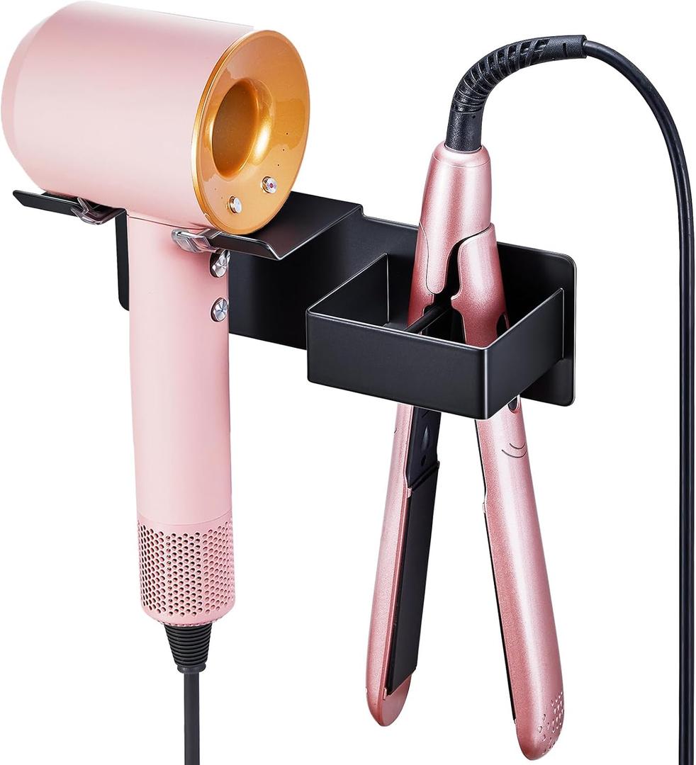 Hair Dryer Holder, Hair Straightener Holder Wall Mount, Hair Tool Organizer, Hairdryer and Straightener Holders, Adhesive Hair Tool Storage for Blow Dryer, Curling Iron, Flat Iron Stand (Black)