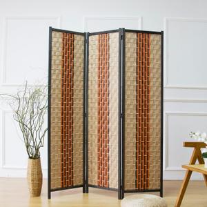 Furnnylane 3 Panel Rattan Room Divider, 5.9 ft Tall Double-Sided Blackout Folding Privacy Screen for Room Separation, with Beige and Orange Panels for Home & Office (70.9" H x 53.1" W)