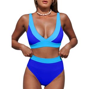 Hilinker Women's Leopard Bikini Swimsuits V Neck High Waisted 2 Piece Bathing Suits (Medium, Blue Colorblock C)