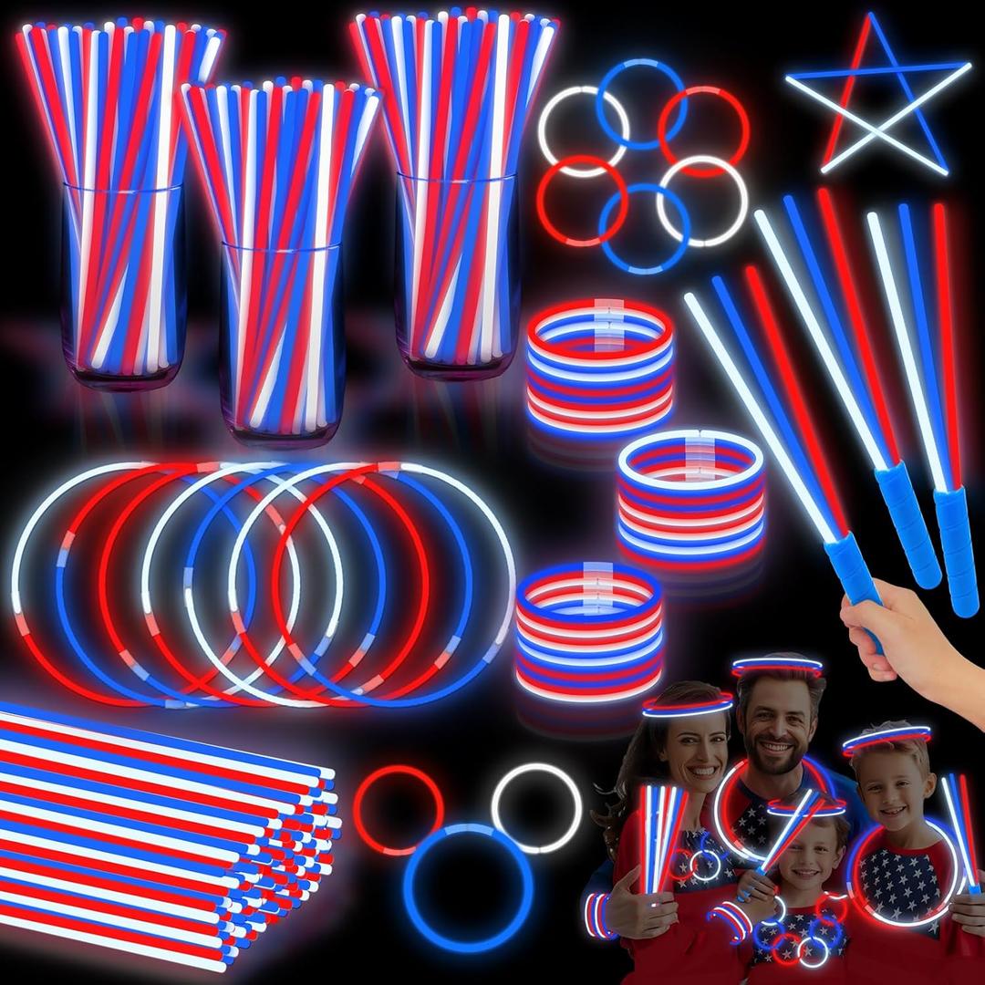 120 Pcs 4th of July Party Favors Glow Sticks with Connectors & 20 Handles,Red White Blue Patriotic Glow Stick Bulk Light up Bracelets & Necklaces for Kids & Adults USA 250th Anniversary Party Supplies