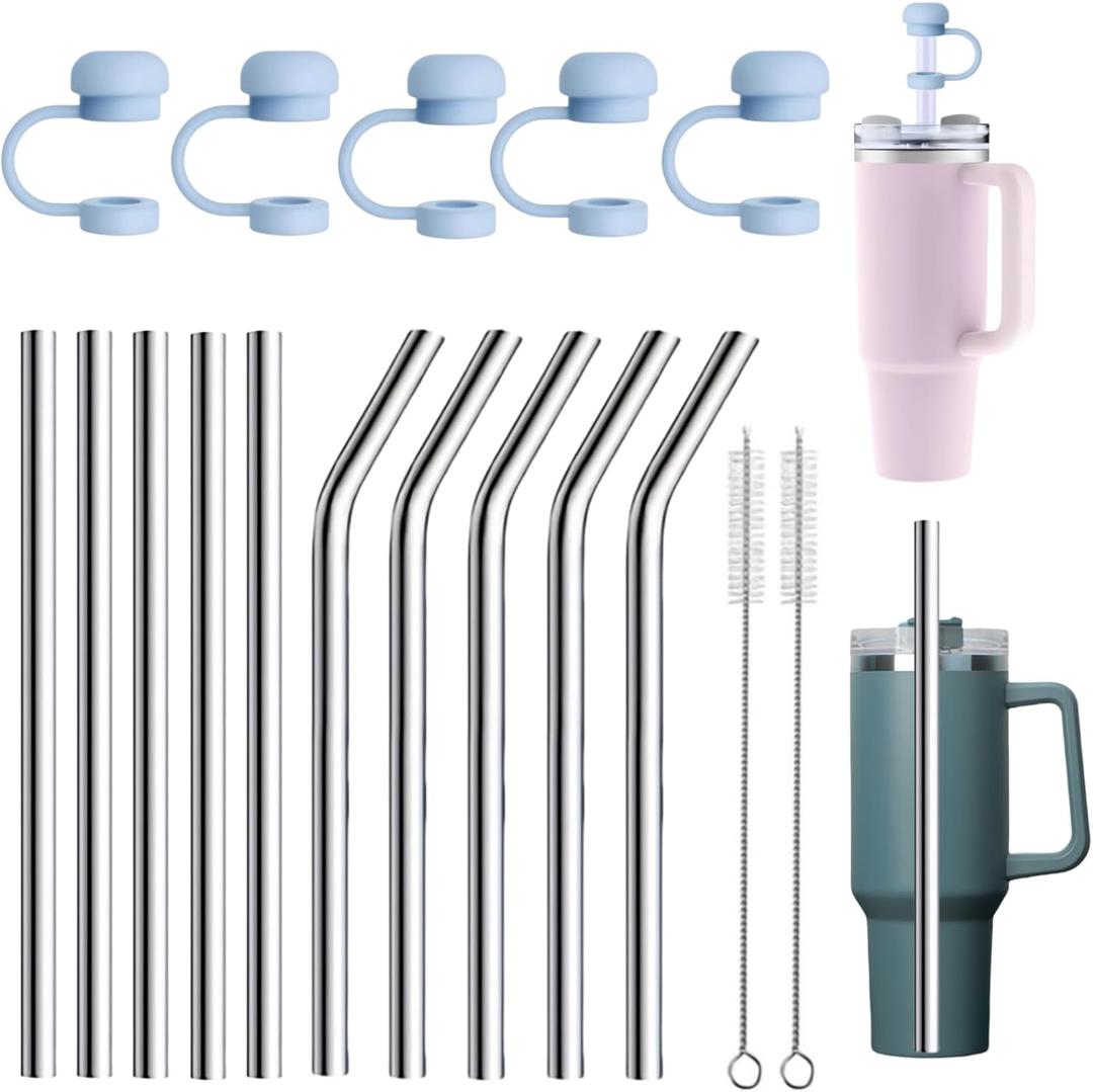 10 Pack stainless steel straws-5 straight 5 curved,L 11.81 inches/30 cm W 0.4 inches,5 Pack 10mm silicone cap2 Pack cleaning brushesfor 30 oz and 40 oz Stanley Cups,Mugs,Glass Mug,Ice Bar Mug (blue)