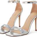 GENSHUO High Heeled Sandals for Women One Strap Heels with Square Open Toe 4 Inch Stiletto Ankle Strap Shoes Elegant Sexy Dress Wedding Party