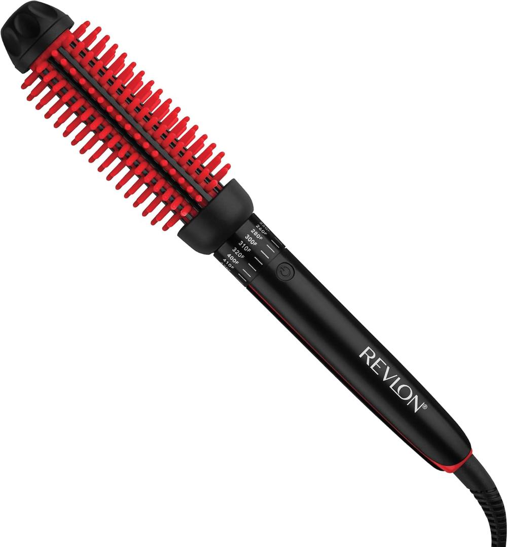 REVLON SmoothStay Coconut Oil Infused Heated Styling Brush, 1 Inch Thermal Round Curling Tool, Silicone Bristles, Adjustable Temperatures, Shiny Voluminous Finish, Black/Red