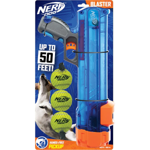 Nerf Dog Tennis Ball Blaster Dog Toy Gift Set, Tennis Ball Dog Fetch Toy Launches up to 50 ft, Dog Ball Thrower for All Breeds Includes Translucent Blue Tennis Ball Launcher and 3 Dog Tennis Balls