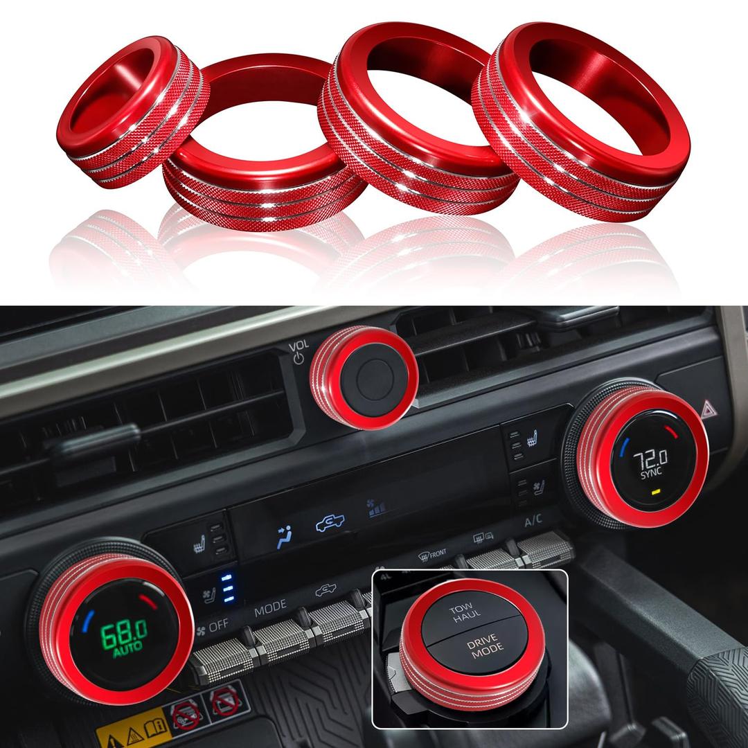 4 Pcs AC Knob Covers for 2024 2025 Toyota Tacoma, 2025 4Runner Interior Accessories with 14" Screen, AC Center Console Audio Switch Volume Drive Knob Cover Aluminum Alloy (Red)