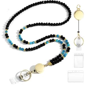 Lanyards for ID Badges for Women Cute,Teacher Lanyard for Women Retractable Natural Crystal Beaded Lanyards for Keys (Apatite)