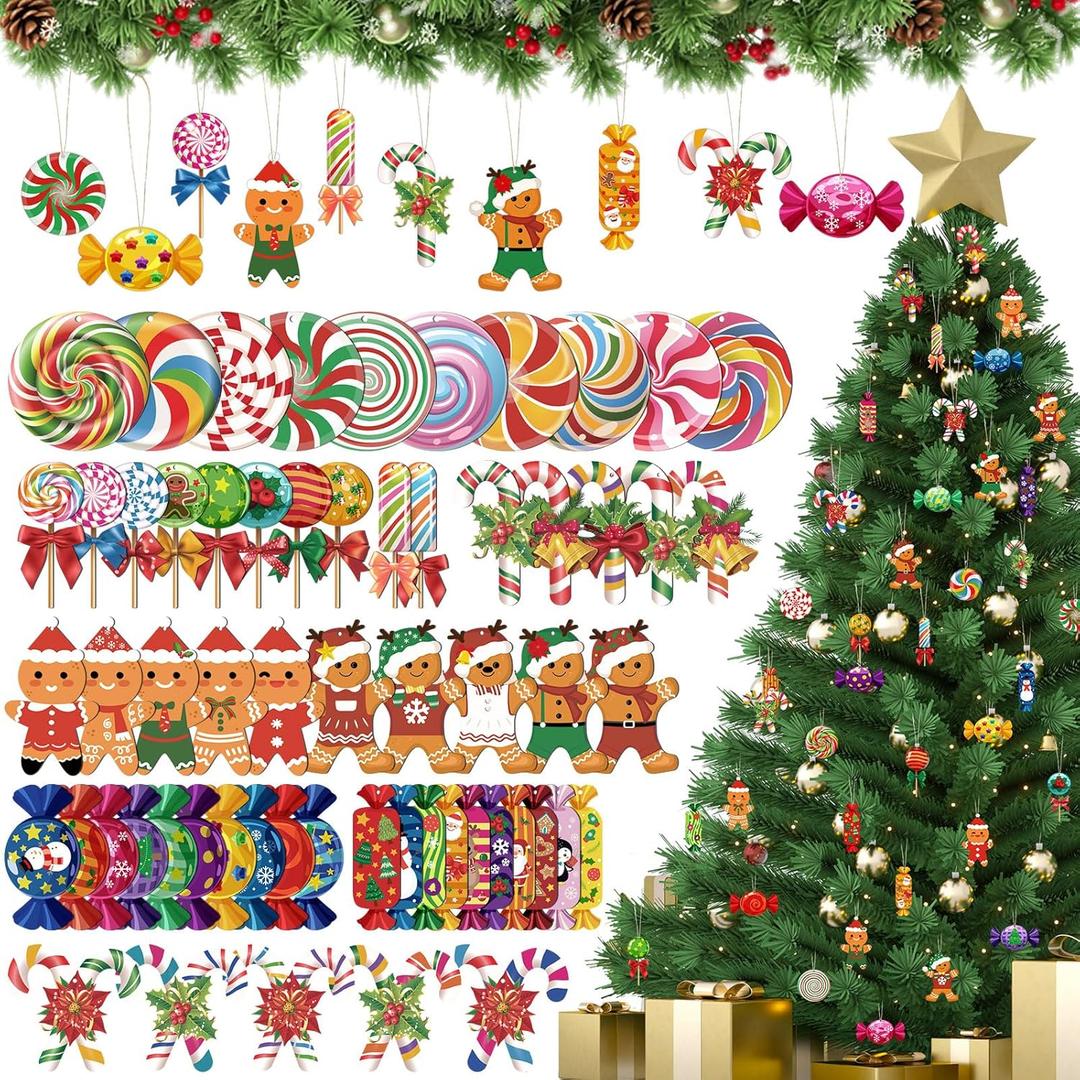 Namalu 60 Pieces Christmas Peppermint Candy Hanging Ornaments Wood Christmas Tree Lollipop Gingerbread Candy Ornaments Set Colorful Cane Decorations with Rope for Xmas(Fresh)