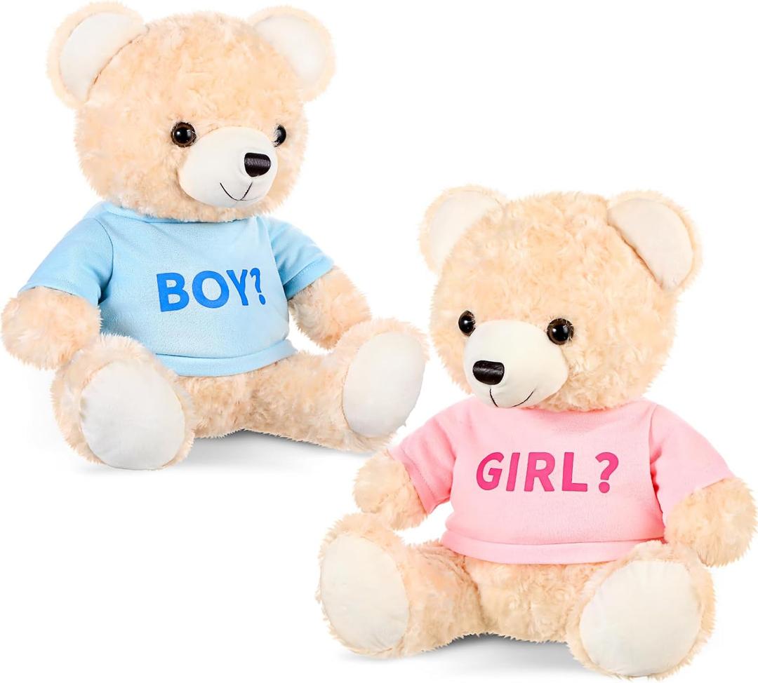 Hollowfly 2 Pack Boy or Girl Bears 14 Inch Blue and Pink Plush T-Shirt Bears Toy for Gender Reveal Baby Shower Decoration