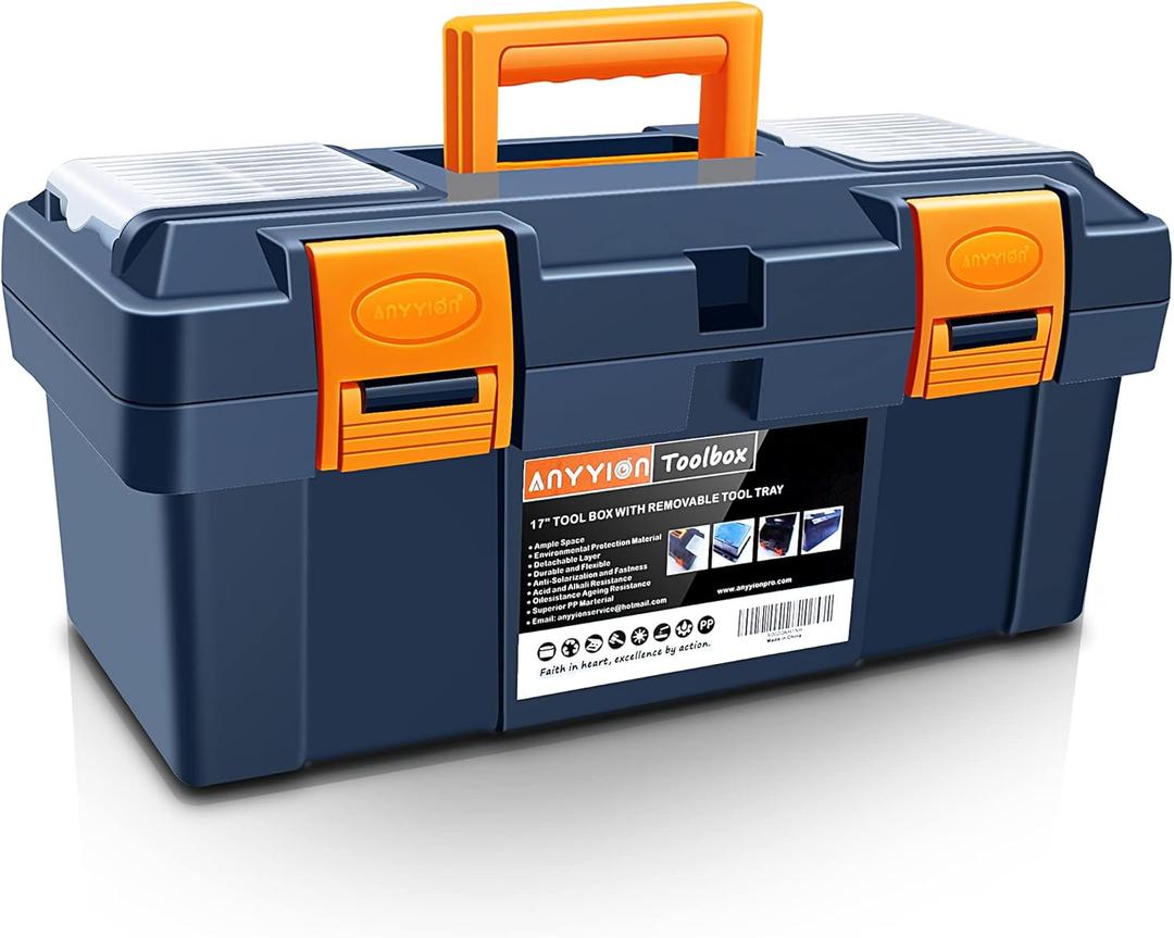 Anyyion 16.5-inch Tool Box with Removable Tray, Small Parts Box On The Lid is Removable, Tray Can be Removed and Combined at Will (Internal Dimensions 15.2x6.89x6.1 inch)