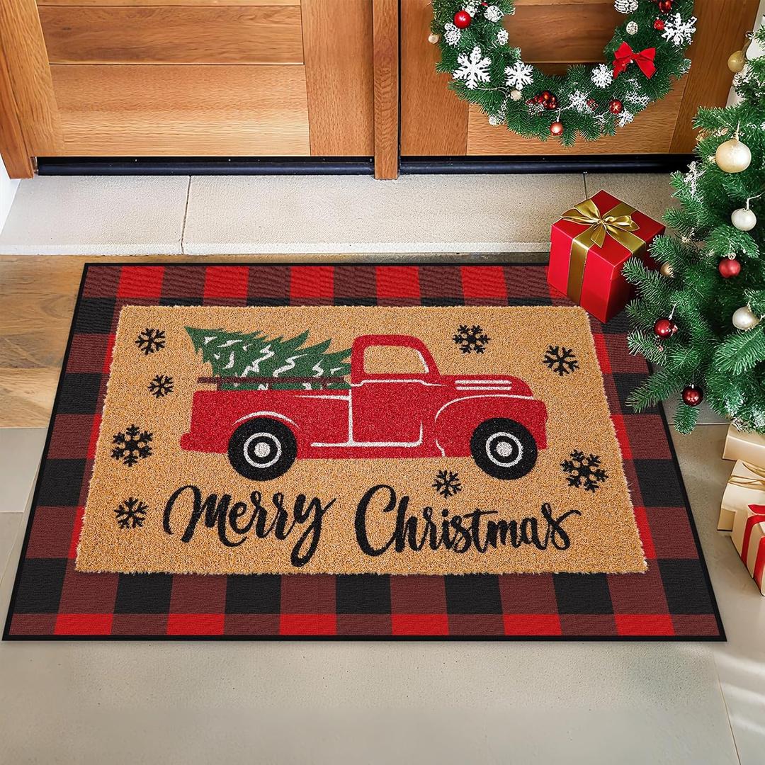 JarThenaAMCS 2Pcs Merry Christmas Door Mat Combo Set 16.5" x 29" Xmas Truck Imitation Coir Welcome Doormat with 23.6" x 35.4" Red Black Plaid Rug for Indoor Outdoor Home Bathroom Decor