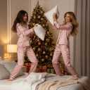 Satin Pajama Set Christmas Red & Pink Striped PJs for Women & Men, Long Sleeve Button-Up Top with Pants