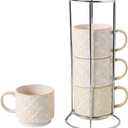 6 Oz Coffee Mugs with Stand, Stackable Coffee Cups Set of 4, Ceramic Espresso Cups, Embossed Cappuccino Cups for Latte, Cocoa, Mocha, Tea, Housewarming Wedding Present, Dishwasher Safe (White)