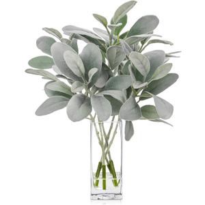 Briful Artificial Frosted Lambs Ear Leaves Dusty Miller Stems in Clear Glass Vase Fake Leave Stems Arrangement for Home Wedding Party Baby Shower Decoration
