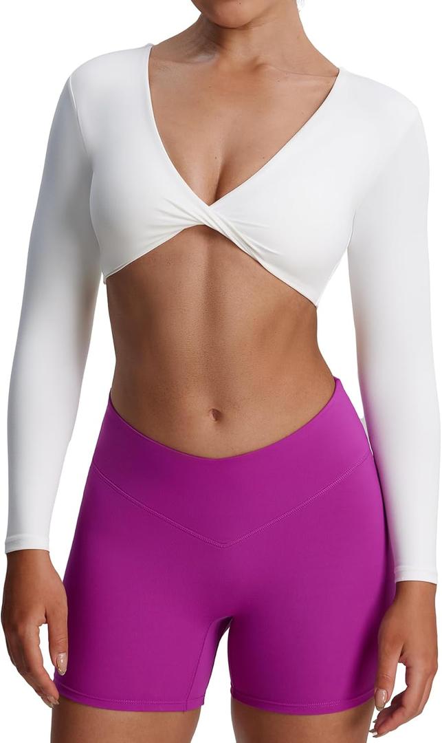 Aoxjox Long Sleeve Crop Tops for Women Sienna Twist Deep V Workout Cropped T Shirt Top Small