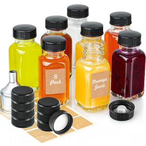 Syntic Clear Reusable Ginger Shot Bottles with Caps - 8 Pack 2 oz Small Square Glass Jars with 8 Sealed Conical Inner Caps & 8 Airtight Lids, Wide Mouth Juice bottles for Fridge, Extra Sticker, Funnel